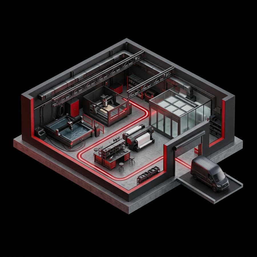 Diorama 3D di un laboratorio con il flusso dalla produzione alla consegna