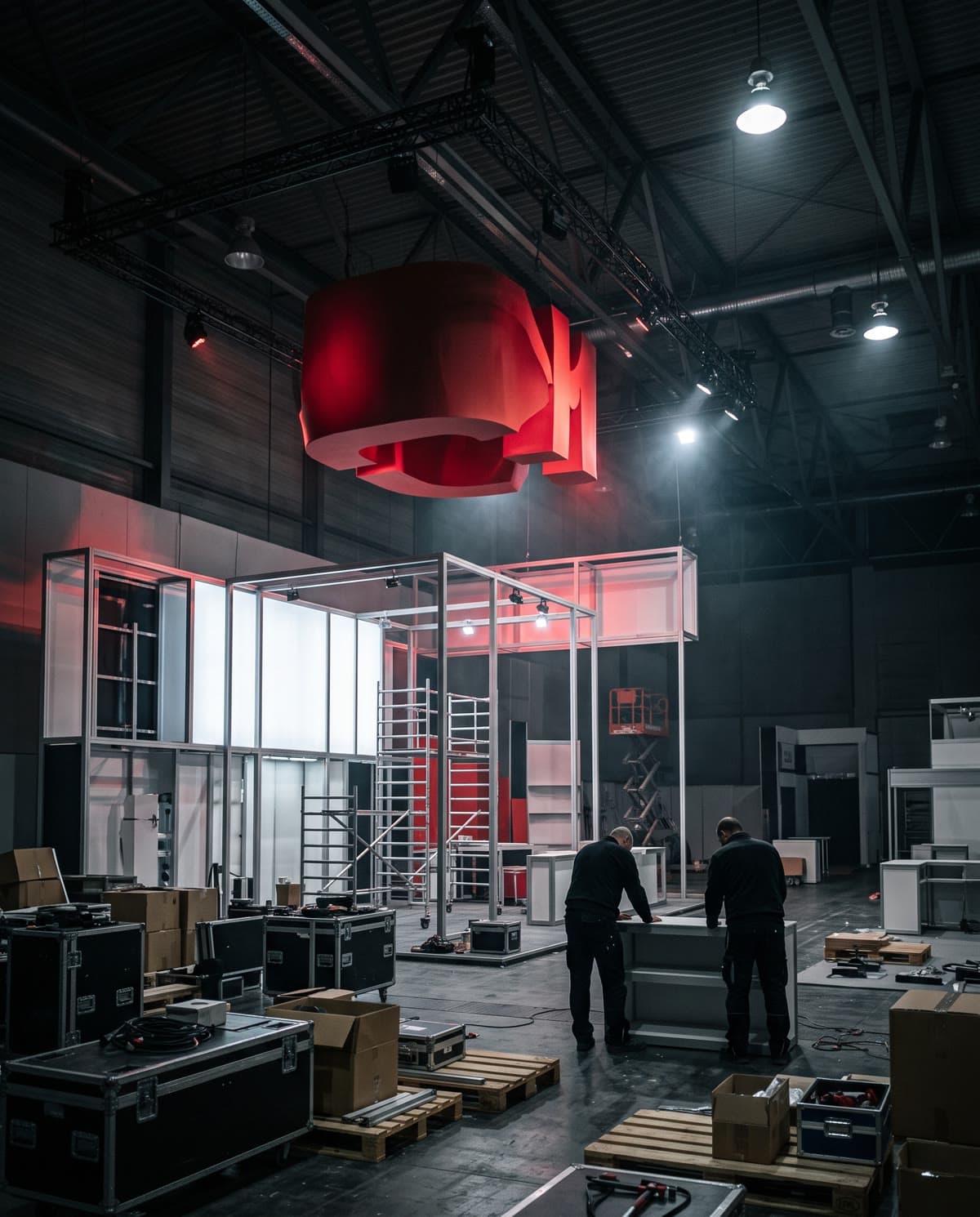 Allestimento di uno stand fieristico durante il montaggio notturno