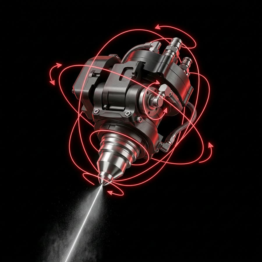 Rendering 3D di una testa di taglio waterjet
